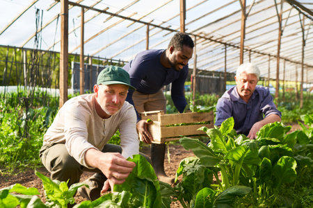 Team of male gardeners harvesting fresh organic spinach at greenhouse on sunny dayの写真素材