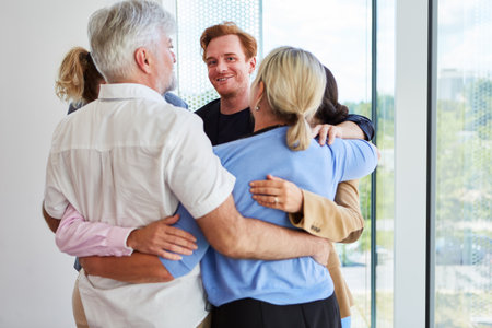 Smiling businessman huddling together with team during meetingの写真素材