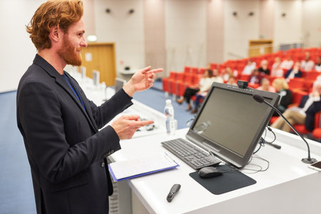 Male speaker gesturing at stage while discussing in business conference at auditoriumの写真素材