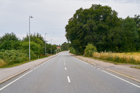 Empty road or street with sidewalk in rural Sweden in summerの写真素材