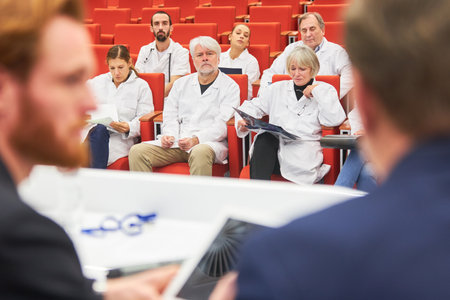 Doctors in audience listening to speaker on stage at medical conferenceの写真素材