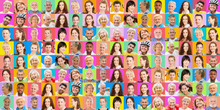 Active adults of many generations in front of colorful backgrounds as a panorama