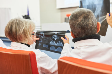 Female medical professionals examining x-ray while sitting in audience during conference eventの写真素材