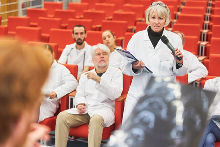 Female doctor in audience of medical conference asking question with microphone for the speaker