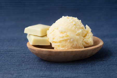 A scoop of white chocolate ice cream in wooden bowls as a summer dessertの写真素材
