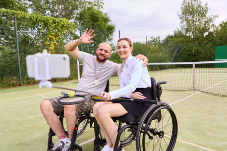 A person in a wheelchair and his female friend celebrate their tennis game success by taking a selfie on an outdoor tennis court with a smartphone.の写真素材