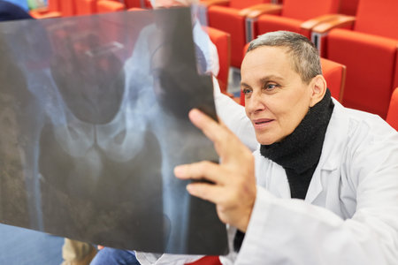 Female doctors in audience of medical conference examining medical x-ray while sitting in auditoriumの写真素材