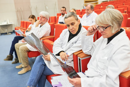 Female doctors examining x-ray while sitting in audience during medical conference eventの写真素材