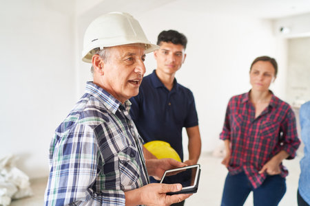 Senior architect discussing with workersの写真素材
