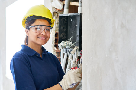 Smiling female electrician fixing wiresの写真素材