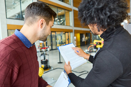 Two engineers review documentation and discuss robotics and automation solutions in a modern office...