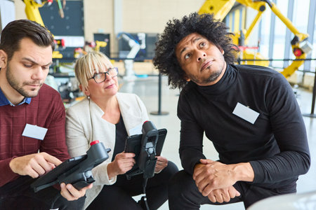 Engineers collaborating while programming robotic machinery in an industrial environment. Focus on teamwork, innovation, and robotics training in production and manufacturing.の写真素材
