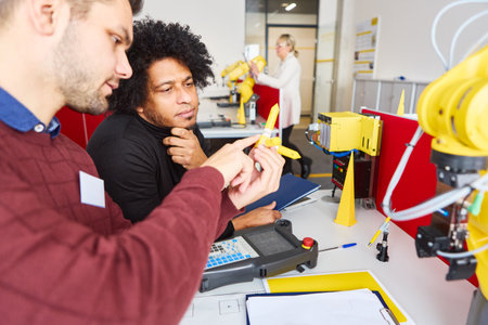 Engineers collaborate in programming robotic arms for industrial automation. Focus on robotics...