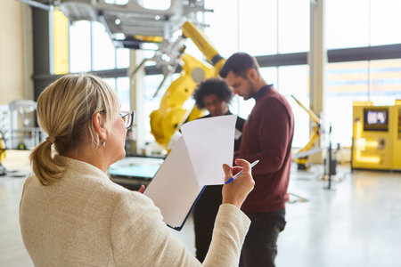 Team of engineers engaged in discussion about robotics and automation in a modern industrial environment, focusing on training and development.の写真素材