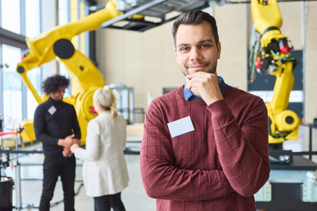 Confident engineer standing in a robotics lab with coworkers discussing automation projects near industrial robots equipped with gripper armsの写真素材