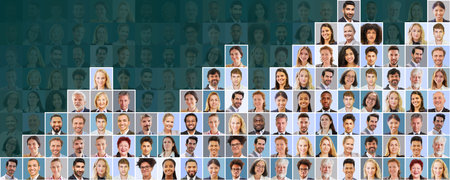 Personnel and growth concept with vertical rows of business portraits waiting to be completed