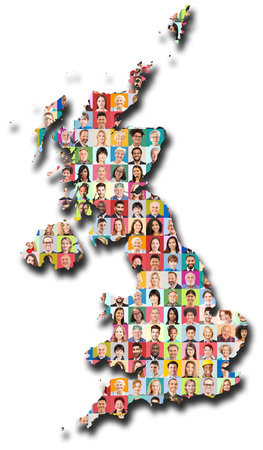 Portraits of people of many generations in front of colorful backgrounds on map of Great Britainの写真素材