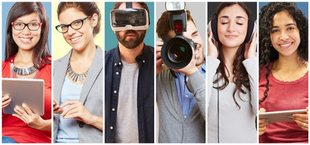 Adults using various technologies for work and leisure as a collage