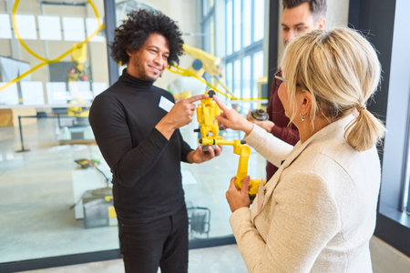 Group of engineers engaging in a discussion about robotics design and programming in a modern industrial workspace.の写真素材