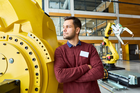 Male engineer overseeing the operation of a robotic arm in a modern industrial facility. Focus on...