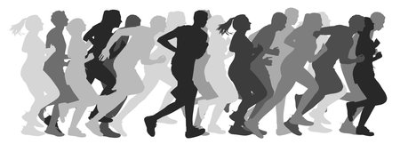 Panorama of many runners in black and white as a marathon and jogging conceptの写真素材