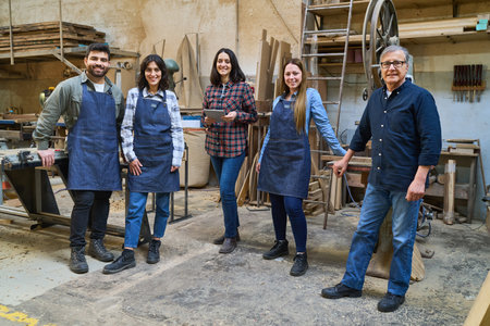 A diverse group of men and women in a workshop wearing aprons and working together. This image...
