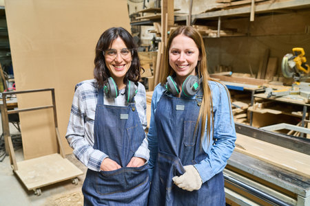 Two young women in a lumberyard, wearing denim aprons and safety gear, showcase teamwork and craftsmanship. Their smiles convey confidence and enthusiasm in a woodworking environment.の写真素材