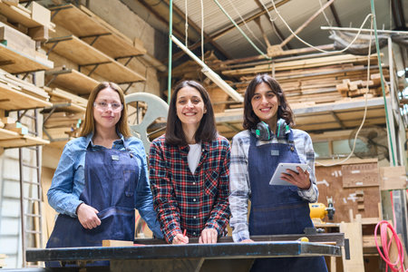 Three female carpenters working together in a bustling lumberyard, showing teamwork and craftsmanship. The scene emphasizes training, collaboration, and the vibrant spirit of woodworking apprenticeships.の写真素材