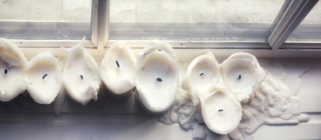 A detailed panorama of melted white candles positioned near a bright window light. The image shows...