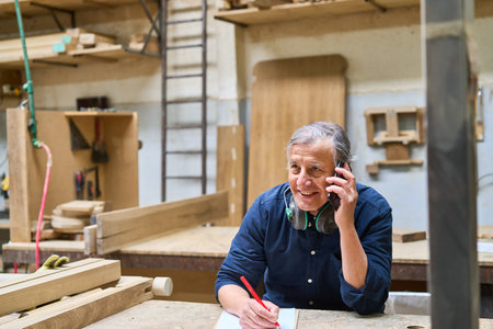 An experienced lumberyard worker enthusiastically discusses work on the phone while taking notes. The scene captures professionalism, communication, and a passion for craftsmanship in a woodworking environment.の写真素材