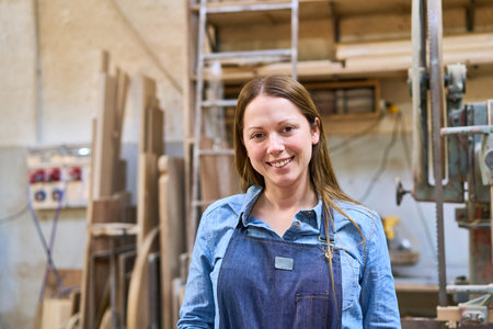 A young woman in a denim shirt and apron smiles confidently in a lumberyard workshop, surrounded by wooden planks and machinery, representing skilled craftsmanship and dedication to her work.の写真素材
