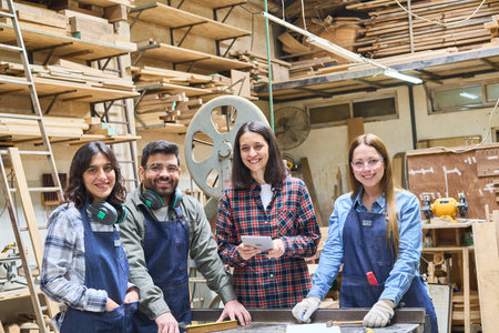 Group of diverse woodworkers, including apprentices and a mentor, engaged in teamwork at a...