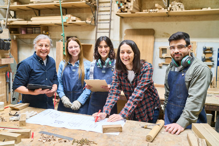 A diverse group of people collaborating in a lumberyard, focusing on teamwork and training. The...