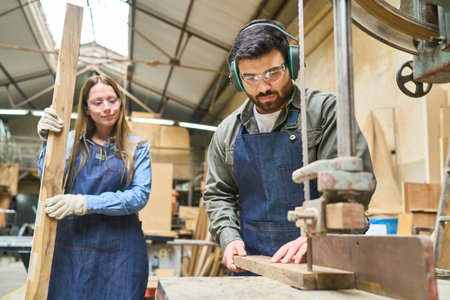 Two apprentices are working together in a lumberyard, focusing on woodworking skills under mentorship. They are operating machinery and handling wood, showcasing training and teamwork in a practical environment.の写真素材