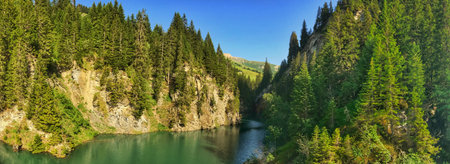 Panoramic view of a vivid green forest and tranquil river in a mountain valley. Ideal depiction of nature's beauty, calmness, and pristine outdoor settings captured from a wide perspective.の写真素材