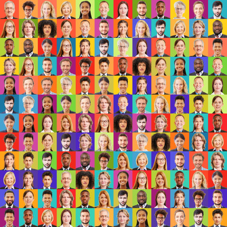 Portrait collage of diverse business people against colorful, monochrome backgrounds as a team concept.の写真素材