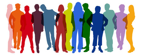 Colorful, transparent, monochrome silhouettes of many adults in various poses as a conceptの写真素材