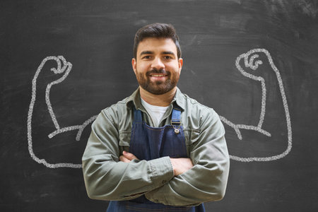A confident young craftsman in front of a blackboard with muscular arms as a competency concept.の写真素材