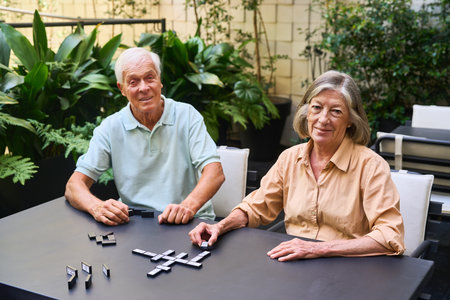 Senior couple enjoying a recreational board game in an outdoor setting to relax and bond.の写真素材