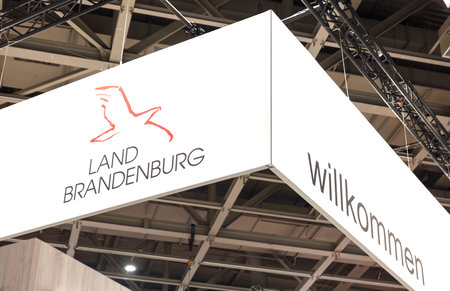 BERLIN, GERMANY, January 16th 2026: Photo of The State of Brandenburg logo and a welcome sign at the GrÃ¼ne Woche trade fair in Berlin Germany on January 16.のeditorial素材