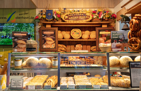 BERLIN, GERMANY, January 16th 2026: Photo of a display of various breads and baked goods is shown at the Internationale GrÃ¼ne Woche trade fair in Berlin Germany A variety of food products available for sale at the event.のeditorial素材