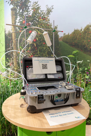 BERLIN, GERMANY, January 16th 2026: Photo of a portable air quality monitoring system is displayed at the Internationale GrÃ¼ne Woche trade fair in Berlin Germany The system features filters tubing and a control panel likely used for environmental analysiのeditorial素材