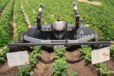 BERLIN, GERMANY, January 16th 2026: Photo of an agricultural robot with arms raised is displayed in a potato field at the Internationale GrÃ¼ne Woche Trade Fair in Berlin Germany The robot represents technology and automation in modern farming.のeditorial素材
