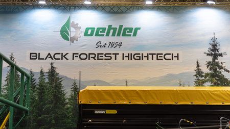 BERLIN, GERMANY, January 16th 2026: Photo of A display for the Oehler brand is seen at the GrÃ¼ne Woche trade fair in Berlin Germany The display features the Black Forest Hightech logo and agricultural equipment.のeditorial素材