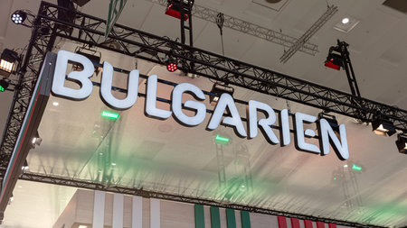 BERLIN, GERMANY, January 16th 2026: Photo of The Bulgarian signage at the GrÃ¼ne Woche trade fair in Berlin Germany on January 16th The Bulgarian name is displayed in white letters representing the country's presence at the event.のeditorial素材