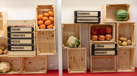 BERLIN, GERMANY, January 16th 2026: Photo of A display of wooden crates filled with fresh produce...
