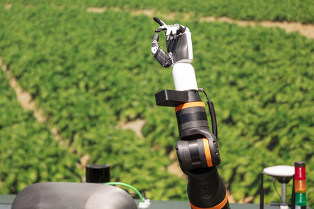 A robotic arm is pointing upward in an agricultural field showcasing automation technology for farming. The image represents precision agriculture modern crop management and the future of harvesting.の写真素材