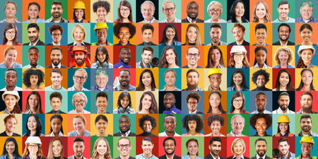 Panoramic collage of professionals from various industries set against bold, colorful backgrounds, representing career concepts