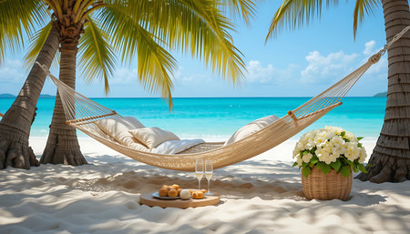 Hammock sways gently between palm trees on a pristine beach with turquoise water offering relaxation and escape to paradise for an idyllic tropical vacation.の素材