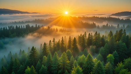Forest displays a stunning sunrise illuminating the misty landscape with vibrant green trees creating a peaceful and serene atmosphere perfect for backgrounds and nature themes.の素材